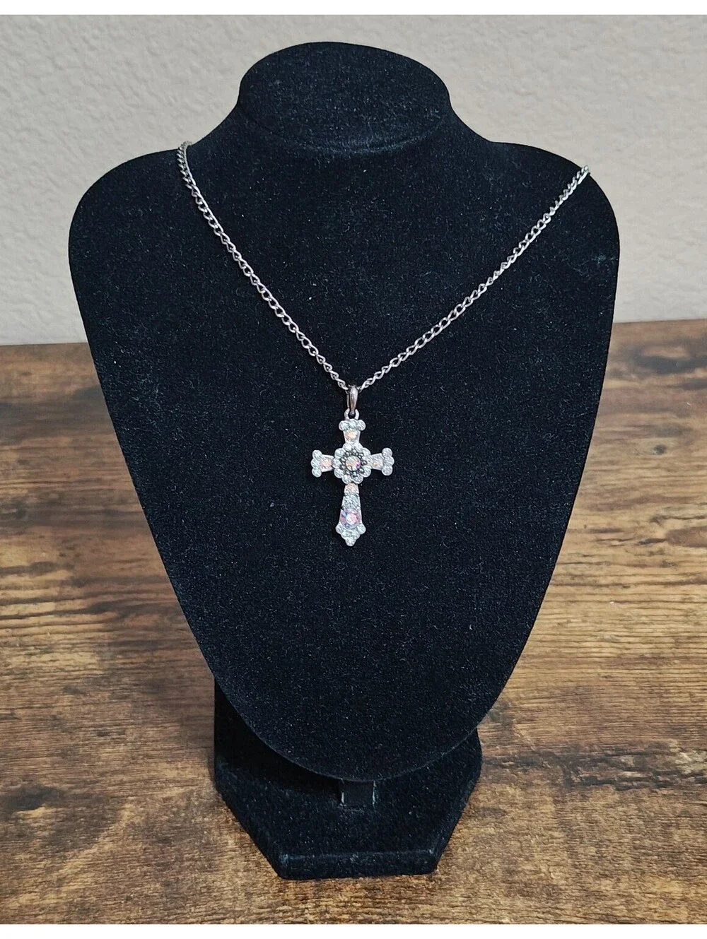 1990s Filigree With Aurora Borealis Rhinestones Silver Tone Cross Necklace
